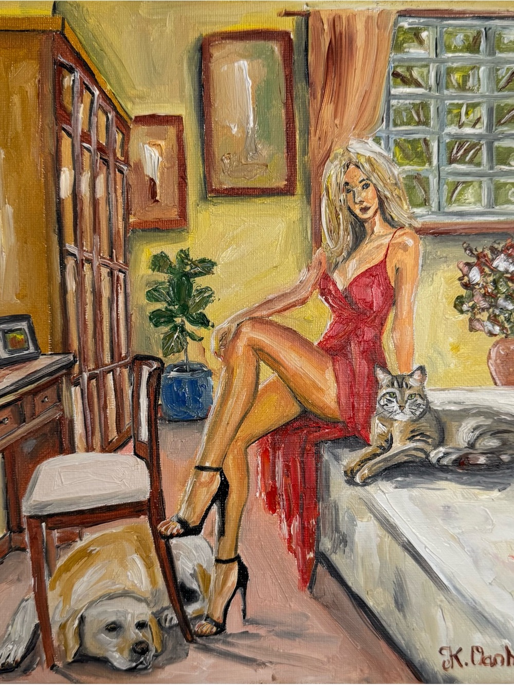 Original oil painting woman & her pet dog cat indoor scene signed 8x10 inches